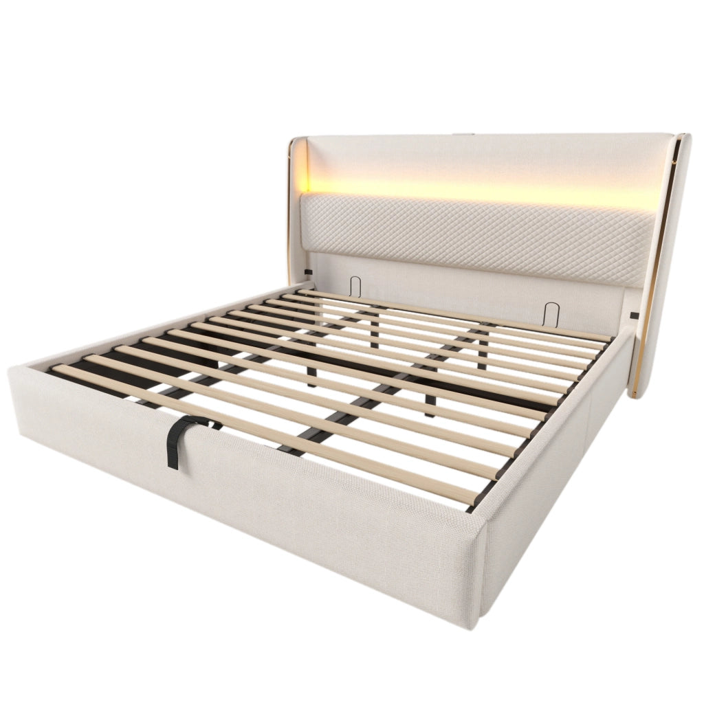 Letto idraulico 180x200 cm in lino beige con LED, contenitore e materasso
