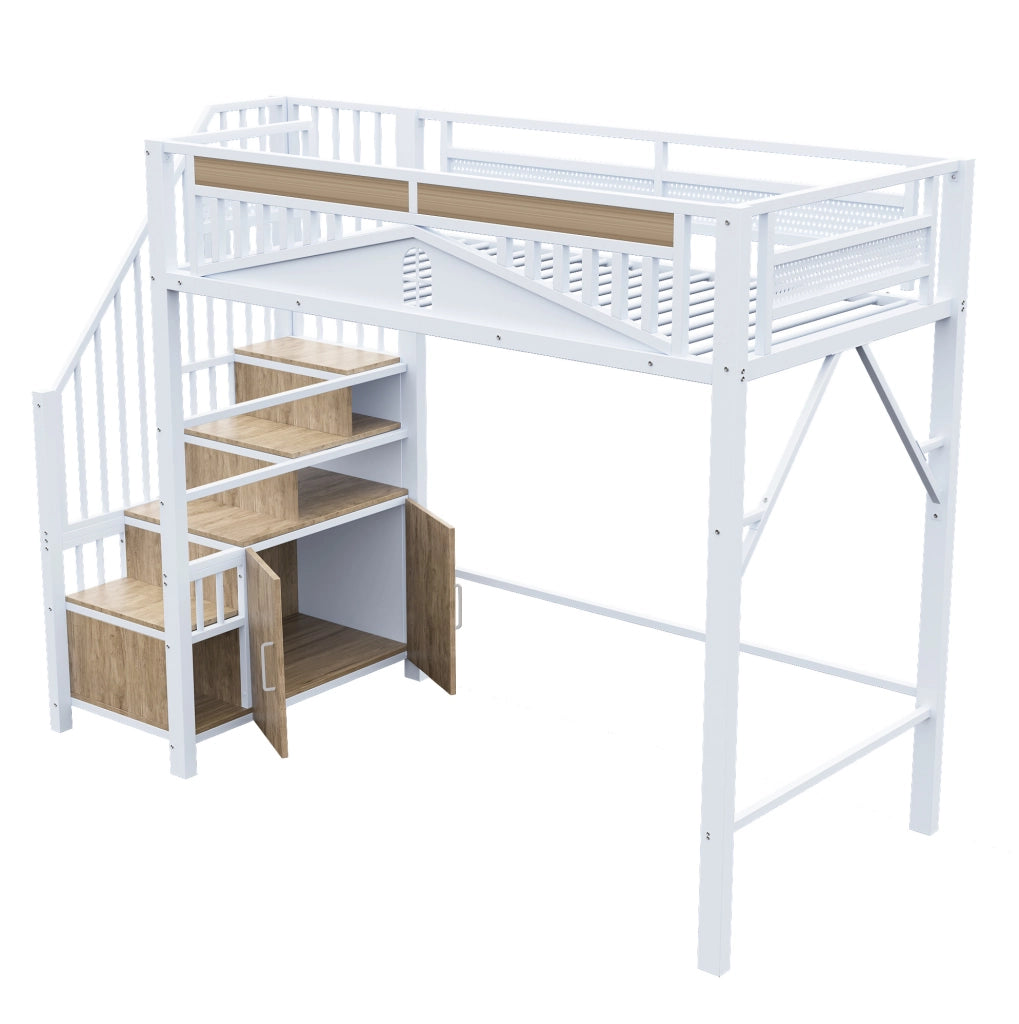 Letto a castello alto in metallo 90x200 cm con recinto di sicurezza a finestra e scala con armadietto, bianco