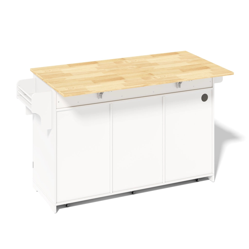 Isola da cucina mobile, carrello da cucina, credenza, piano di lavoro pieghevole, 3 cassetti, mobile con cestino dei rifiuti,, bianco e legno naturale