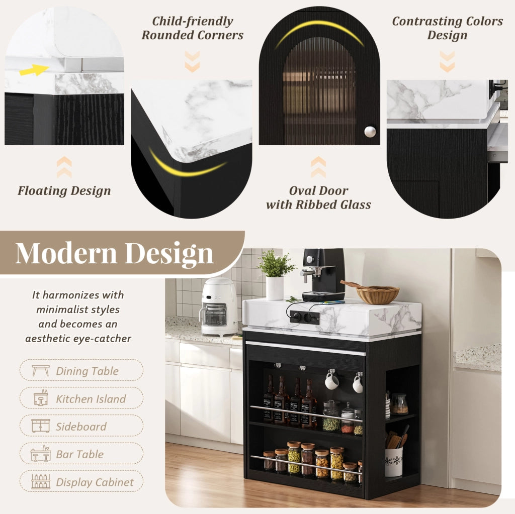 Isola cucina nera con ruote, tavolo da pranzo allungabile con piano pieghevole, prese e ganci integrati, ideale per cucina e sala da pranzo