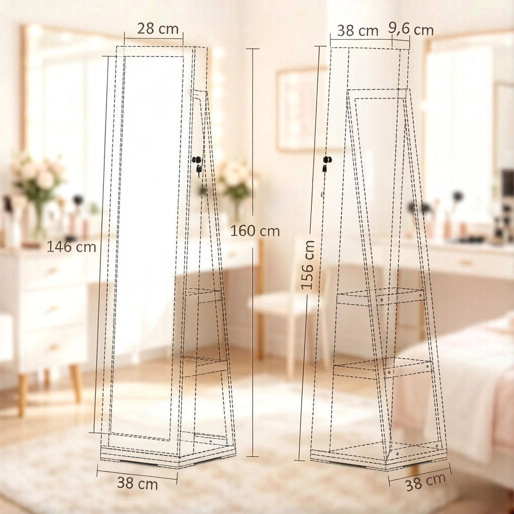 Armadio portagioie con specchio girevole a 360° in MDF e vetro bianco chiudibile con 2 chiavi 38 × 38 × 160 cm