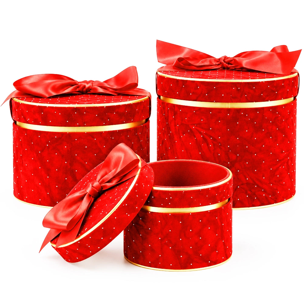 Set 3 Scatole Tonde Decorazione Natalizia Rosso 16/20/25cm Scatola con Fiocco