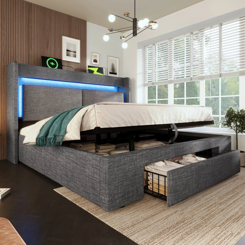Letto imbottito 140x200 cm con contenitore idraulico; testiera LED; USB e USB-C; grigio