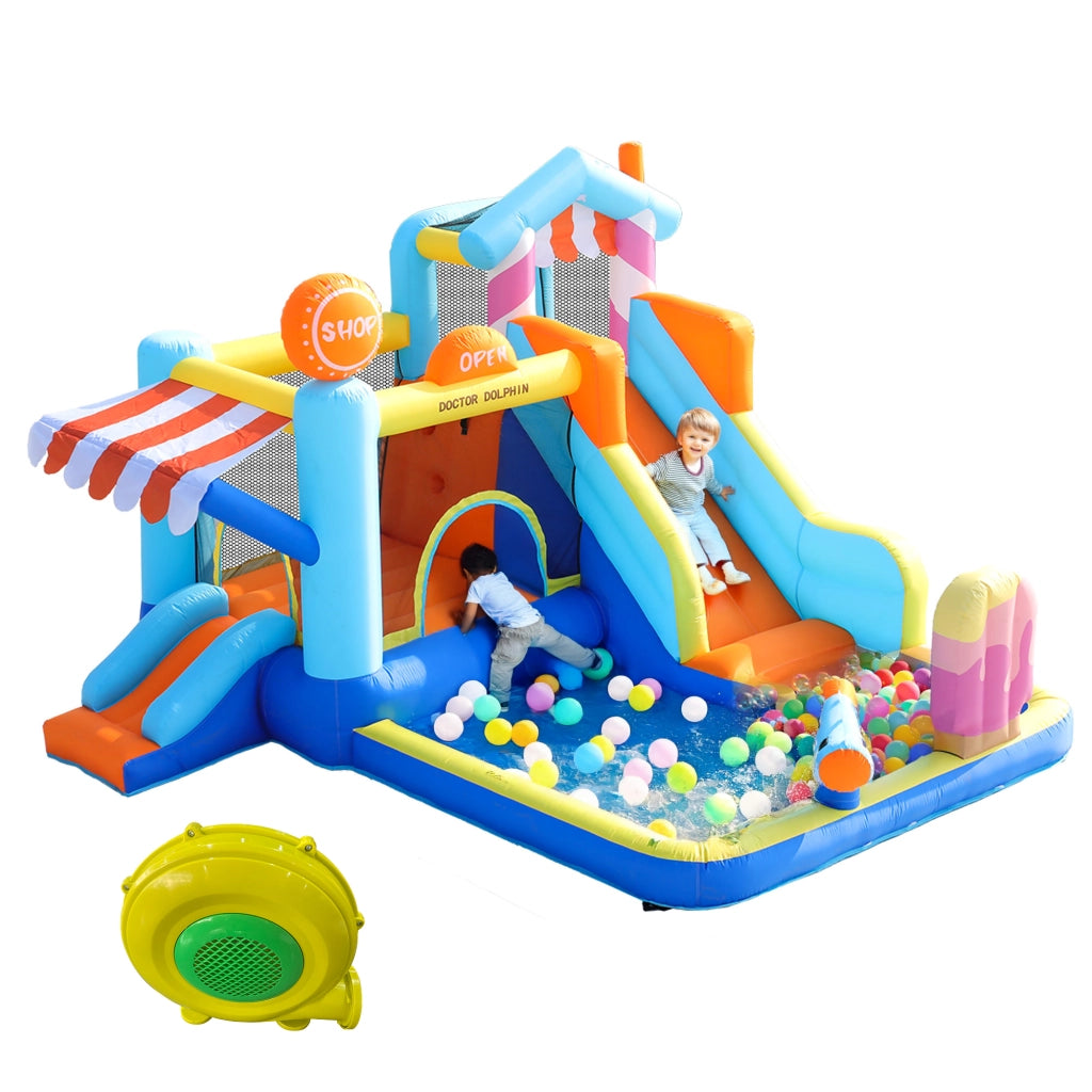 Doppeltes Kinder-Hüpfburg mit Gebläse - Multifunktionaler Outdoor-Wasserpark & Trampolin, Wasserrutschen, kleine Rutsche, Springbrunnen, Wasserpistolen, Ladenmarkise & Kletterwand