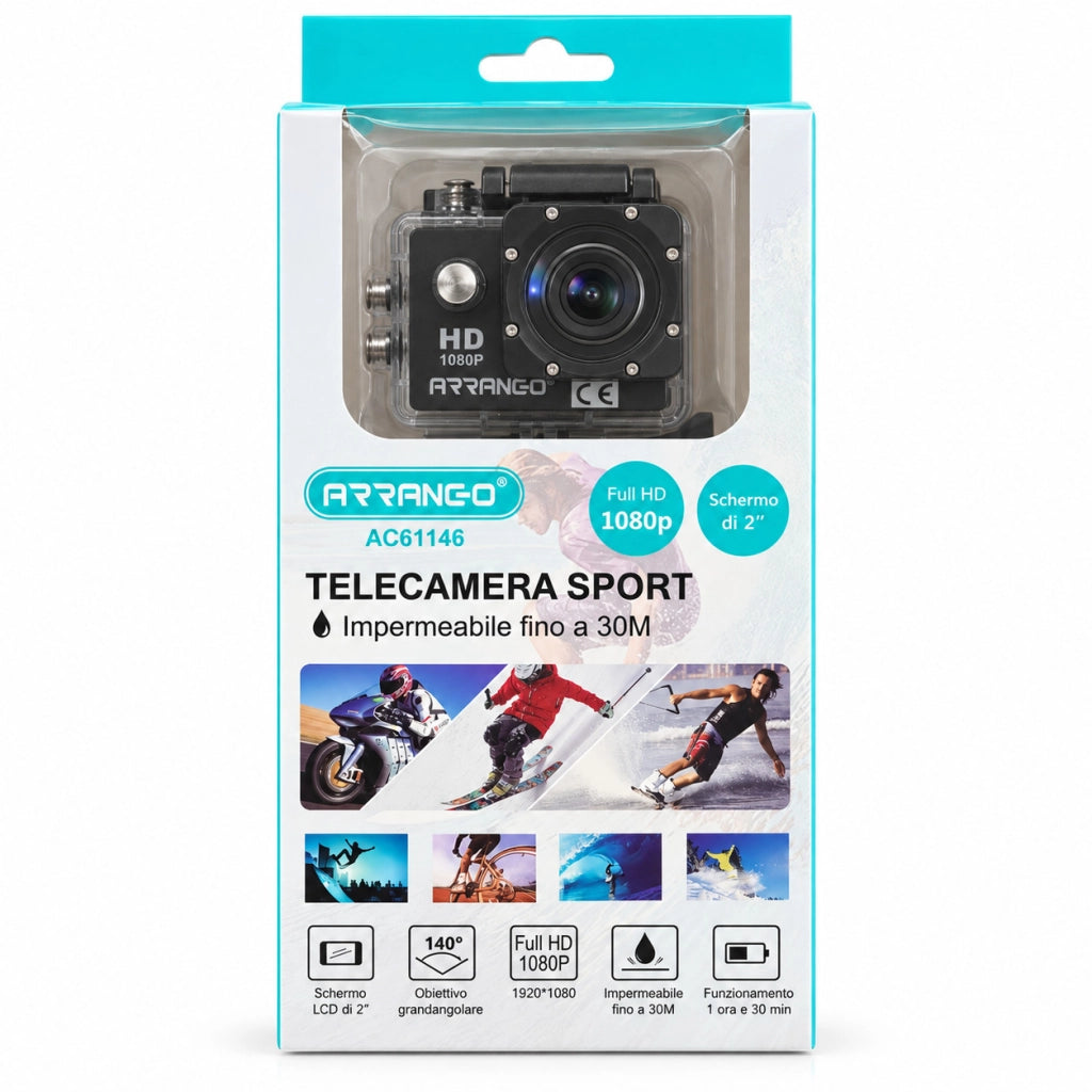 TELECAMERA SPORT ACTION CAM FULL HD 1080P IMPERMEABILE LCD 2" 30M BLACK AC61146