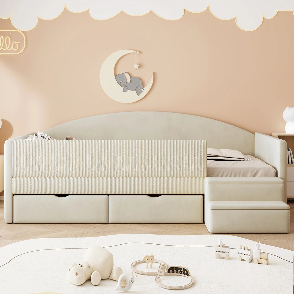 Letto per bambini imbottito 90 × 190 cm in velluto beige con due cassetti sponde gradini antiscivolo e rete a doghe
