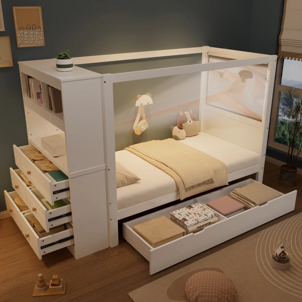 Letto singolo 90 × 200 cm con 5 cassetti e cassetto estraibile in legno bianco con sponde e barra superiore