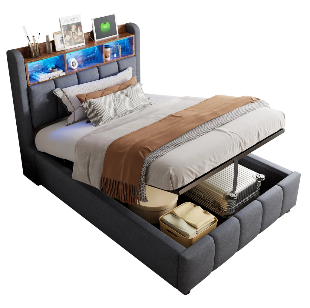 Letto singolo imbottito 90x200 cm grigio con LED e USB