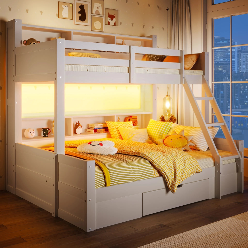 Letto a castello 3 posti 90×200 cm e 140×200 cm con LED; cassetto e vani aperti; senza materasso; bianco