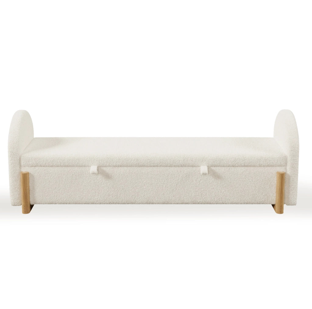 Panca contenitore bianca 186x47x61 cm con tessuto Chenille Bouclé e gambe in legno di gomma, raggio idraulico soft-close, carico max 150 kg