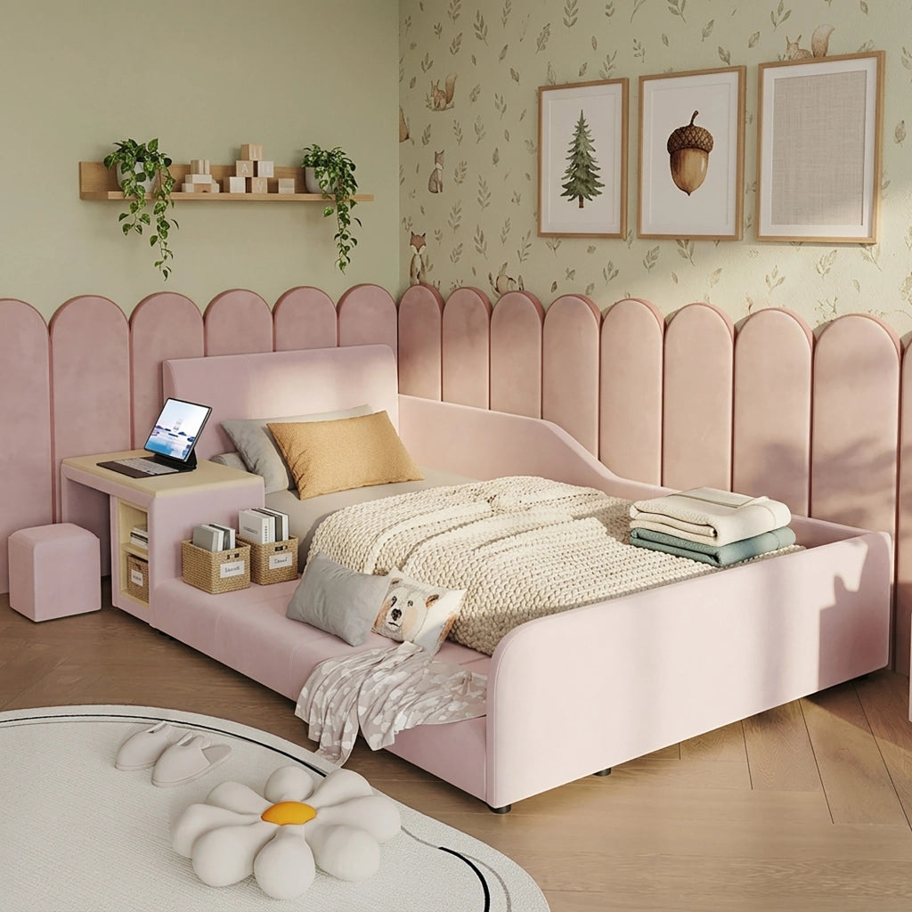 Letto imbottito 90 x 200 cm con LED e contenitori, scrivania integrata e sgabello, letto singolo in velluto rosa con rete a doghe