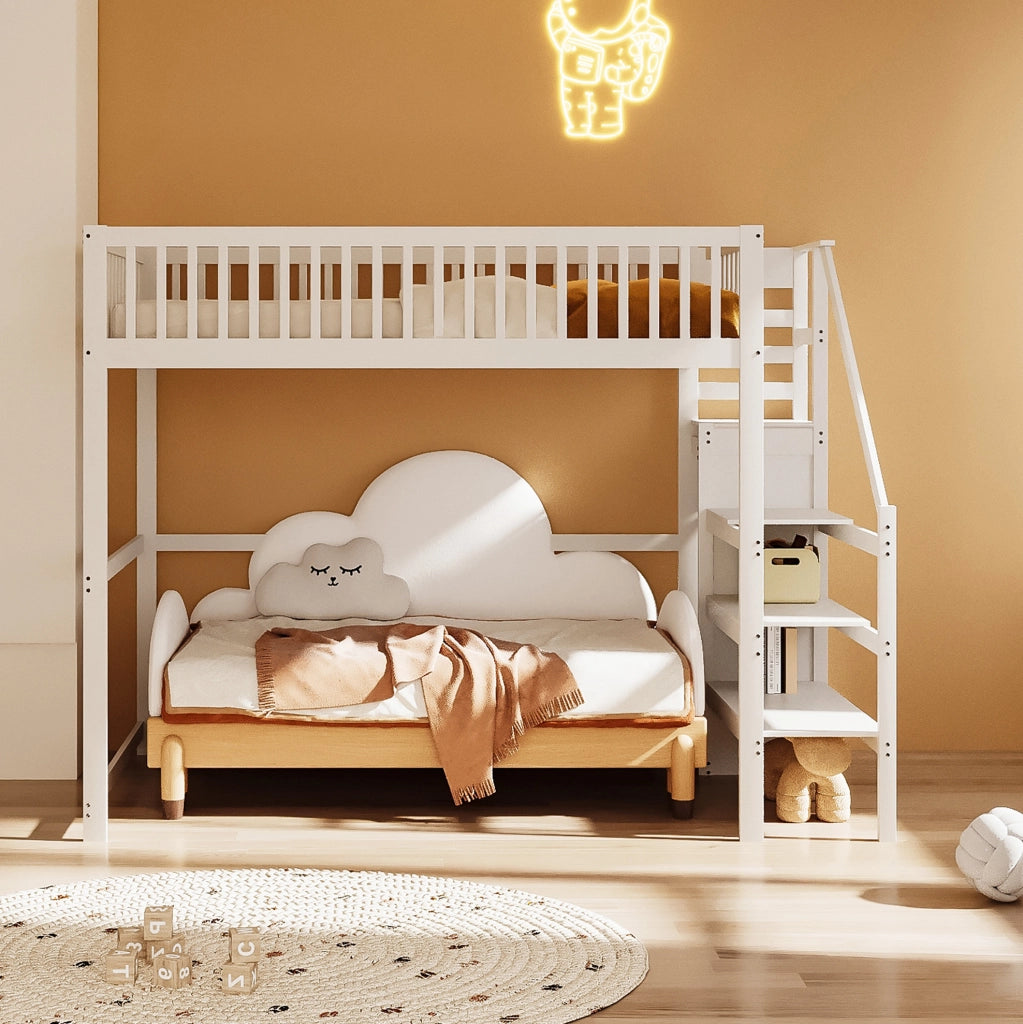 Letto a soppalco 140x200 cm bianco con scala e armadio