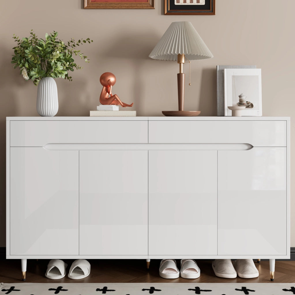 Scarpiera 140x39x84 cm in truciolare bianco e oro con 2 cassetti e ripiani regolabili