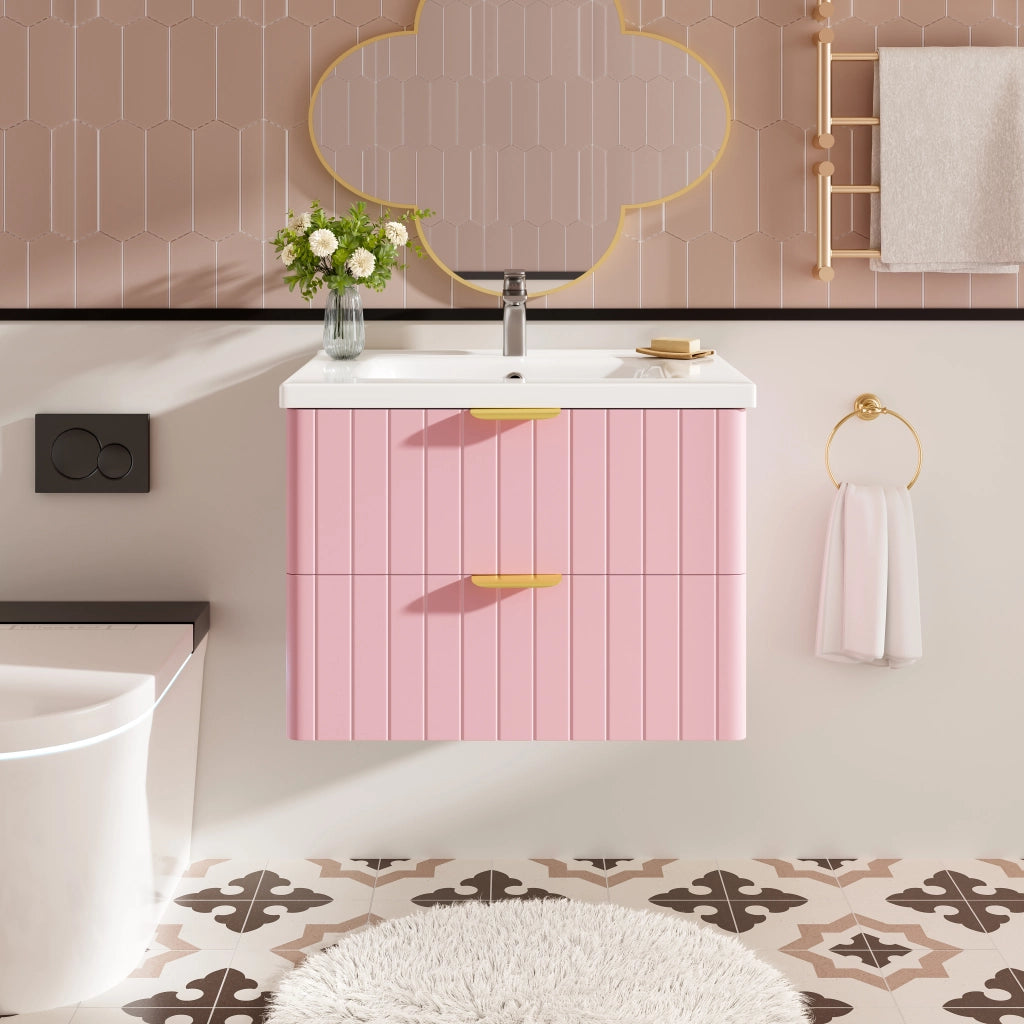 Mobiletto con lavabo in ceramica a due livelli in MDF rosa e bianco con maniglie in metallo 28.3 kg