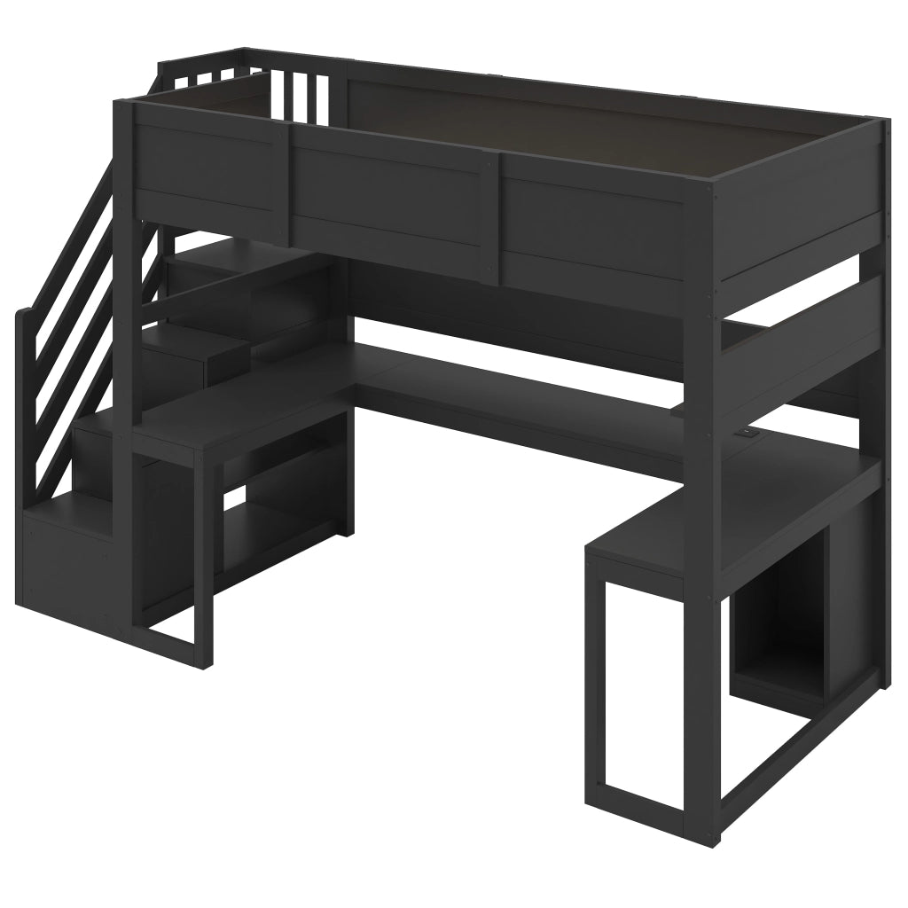 Letto a soppalco 90x200 cm con scrivania integrata; LED e USB; nero