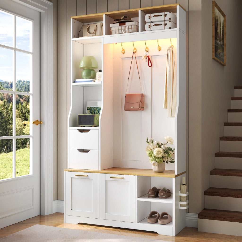 Mobile da ingresso guardaroba con 2 cassetti, 2 scarpiere a ribalta, panca e LED per corridoio, 100 × 32 × 186 cm
