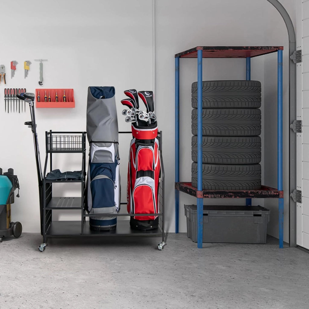 Organizer per Sacca da Golf per Garage, Carrello per 2 Borse da Golf con Ruote Bloccabili, Ganci e Tasche Porta Mazze da Golf, Organizer per Accessori da Golf e Attrezzature