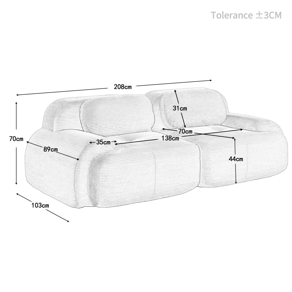 Divano modulare 2 208x103x75 cm; senza telaio con braccioli curvi; seduta antiscivolo ad alta densità; tessuto velluto a coste; marrone