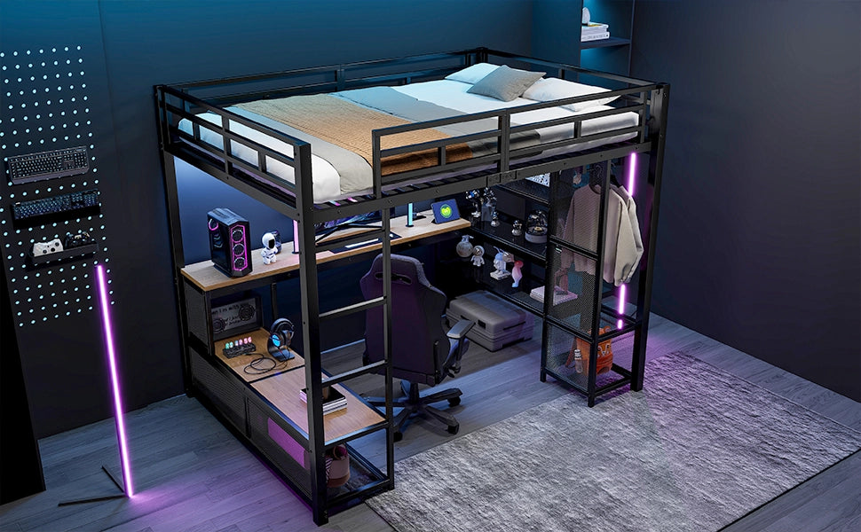 Letto a Soppalco 140x200 cm con Scrivania; Armadio; LED; USB; Scala e Sponde; Nero
