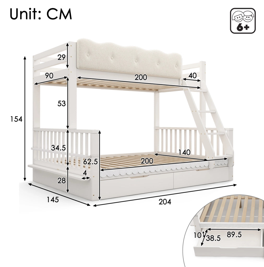 Letto a castello per bambini 90x200/140x200 cm con sponde a nuvola, cassetti e porta riviste, struttura in legno bianco, senza materasso