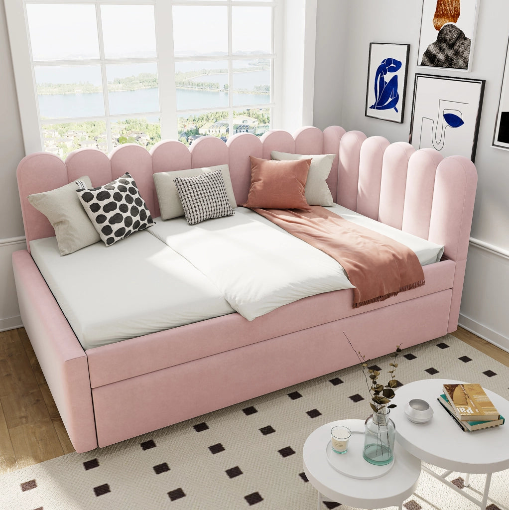 Divano letto angolare imbottito 140x200 cm con schienale floreale e letto estraibile in tessuto di velluto rosa