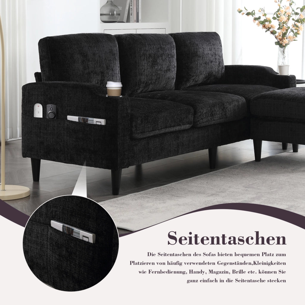 Divano modulare 4 posti con pouf contenitore; portabevande e tasche in ciniglia nero