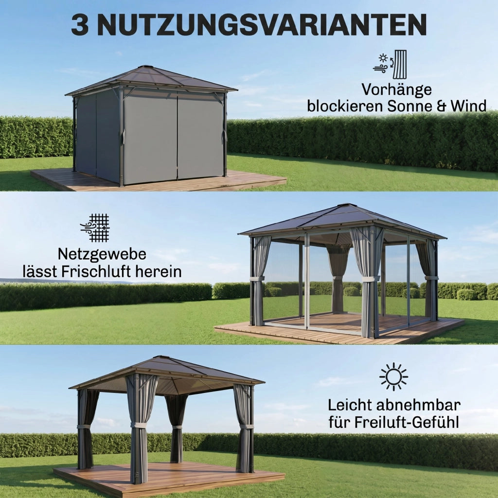 Gazebo da giardino 3 x 3 m con tetto in policarbonato, struttura in alluminio grigio scuro e tende con zanzariera, resistente e pratico