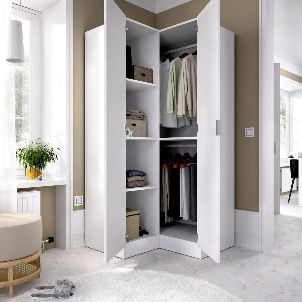 Guardaroba Aser, Mobile angolare per camera da letto, Armadio appendiabiti ad angolo a 2 ante battenti, 91x93h184 cm, Bianco