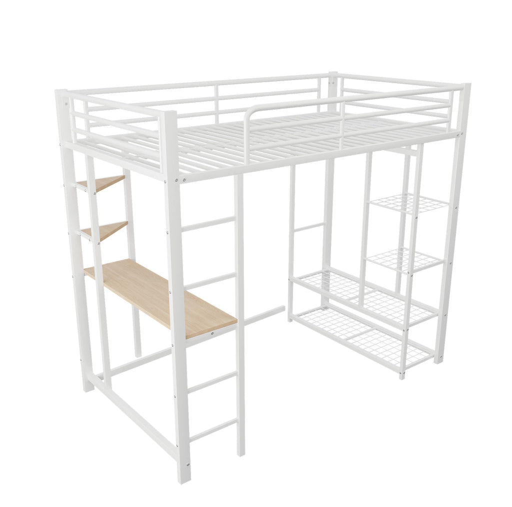 Letto a soppalco 90x200 cm con scrivania, ripiani e appendiabiti bianco