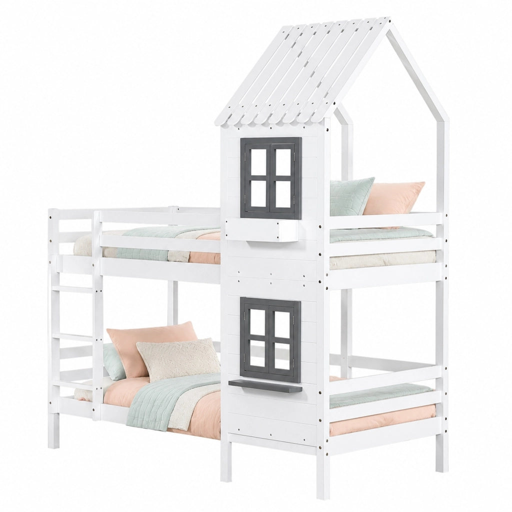 Letto a castello per bambini 90 × 200 cm in legno e MDF bianco e grigio con finestre scala e parapetti