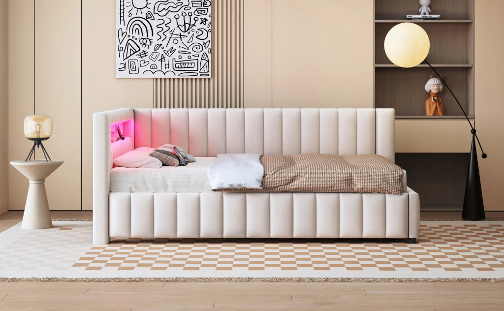 Letto imbottito con LED e USB - Xylo - 140x200 - Beige