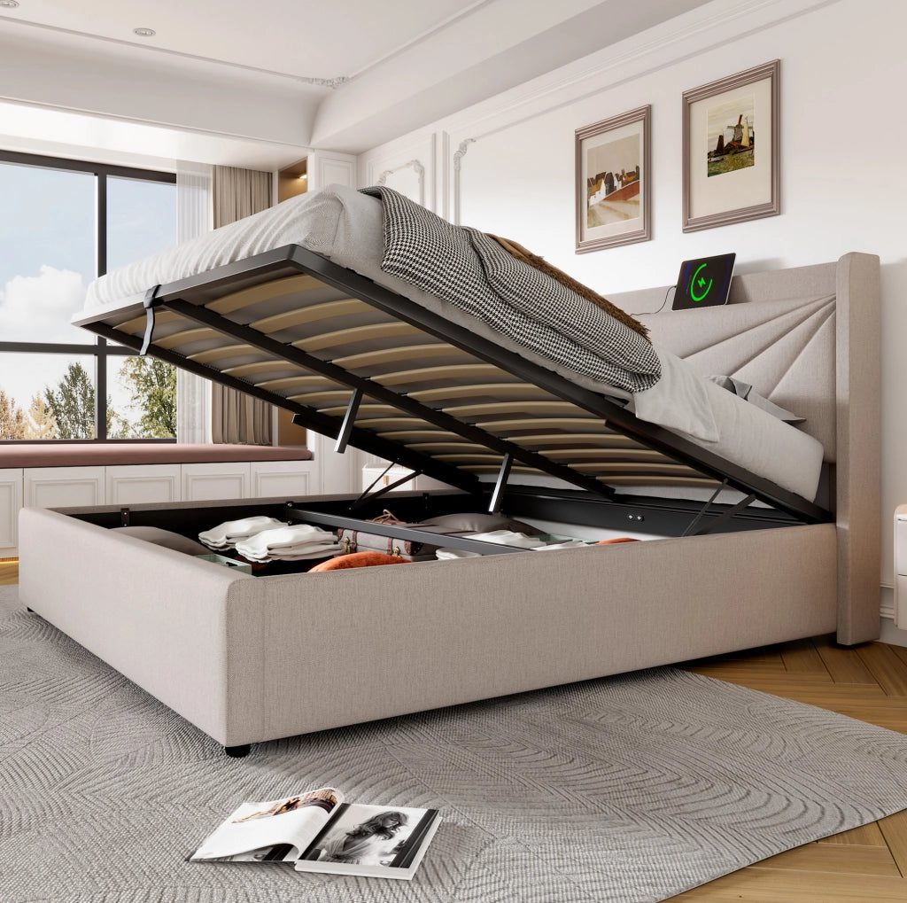 Letto matrimoniale con contenitore 160x200 cm con pannello imbottito, funzione di ricarica USB Tipo C e rete a doghe, struttura in lino senza materasso