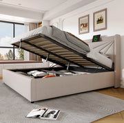 Letto matrimoniale con contenitore 160x200 cm con pannello imbottito, funzione di ricarica USB Tipo C e rete a doghe, struttura in lino senza materasso
