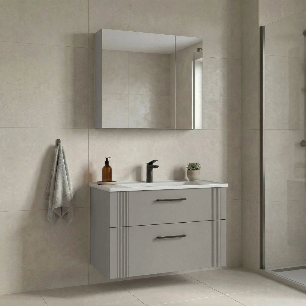 Set mobile lavabo con specchio (2 pezzi) "Bari 85 v2" - 85 x 45 x 55 cm - Cashmere opaco
