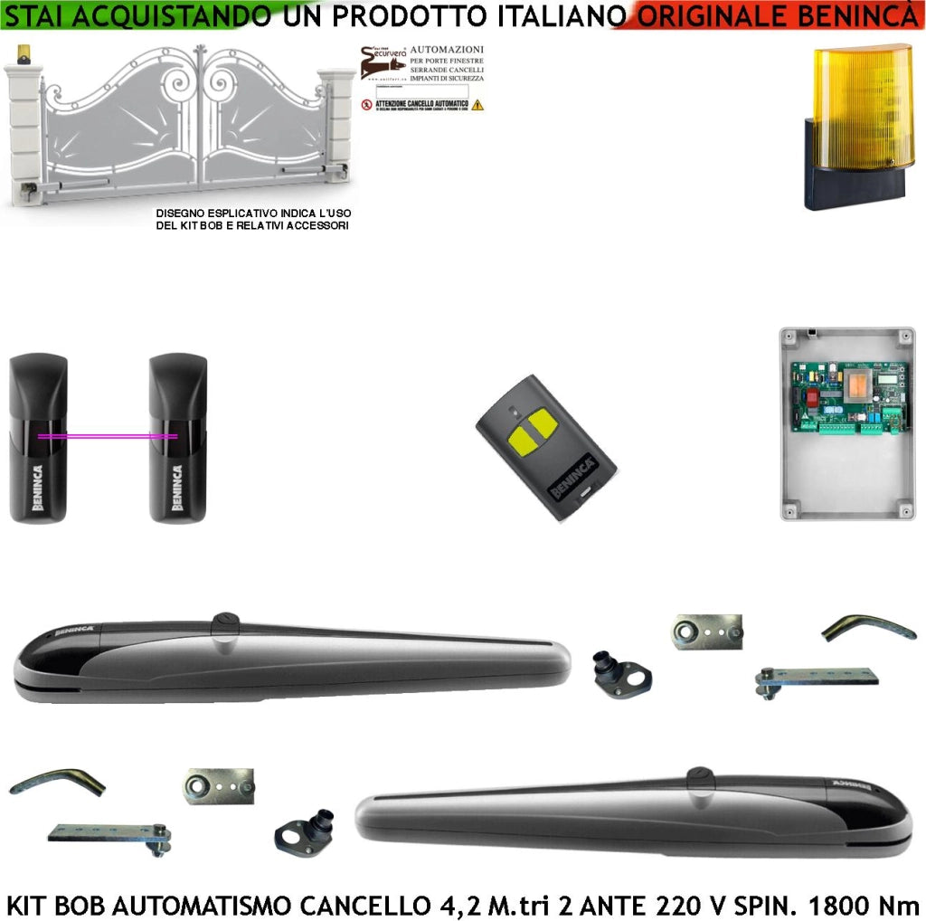 Kit Automazione Cancello 4,2 Metri 2 Ante Motori BOB21M Vite rullata 230 V Corsa 325 mm Spinta 1800 Nm Sblocco a Chive Staffe Fissaggio Radiocomando Coppia Fotocellule Lampeggiatore a Led con Antenna