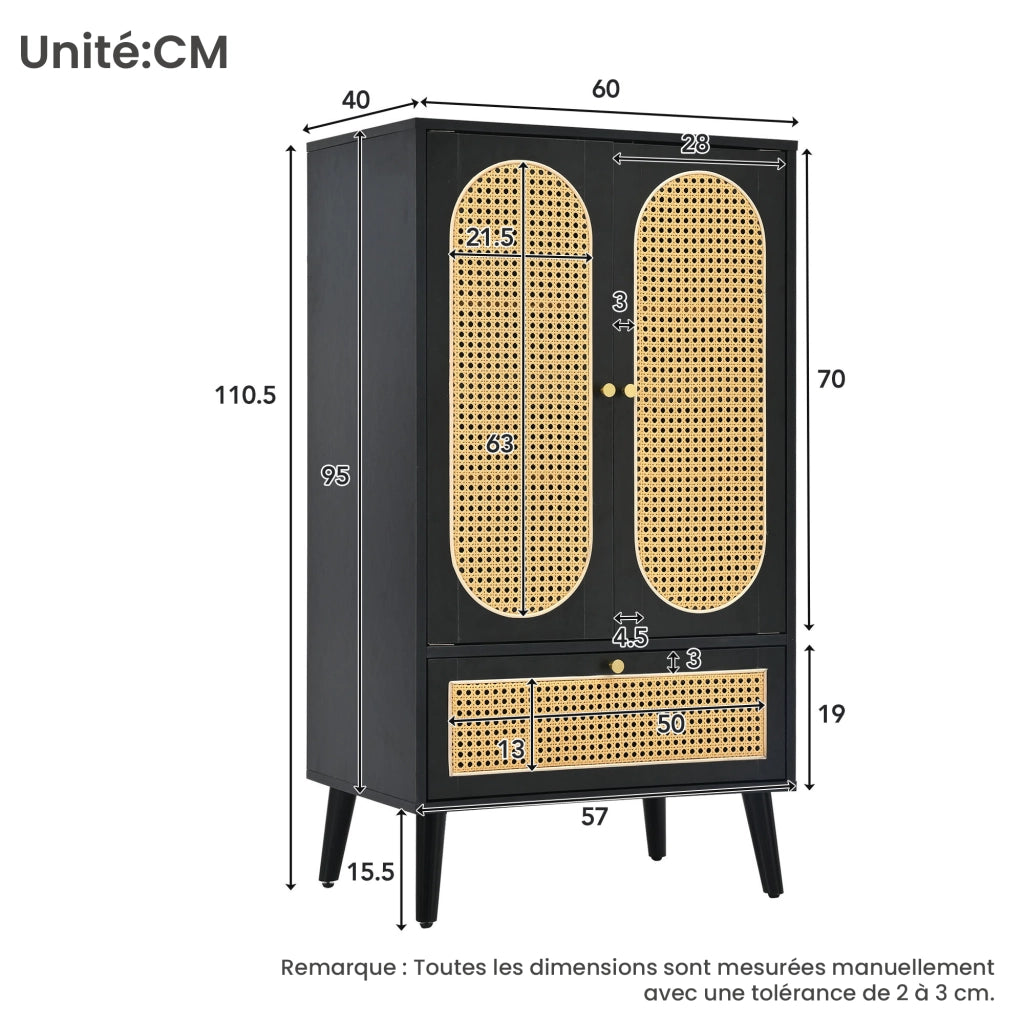 Credenza con 2 ante; 1 cassetto e 2 ripiani in pannello di particelle nera 60 × 40 × 110.5 cm
