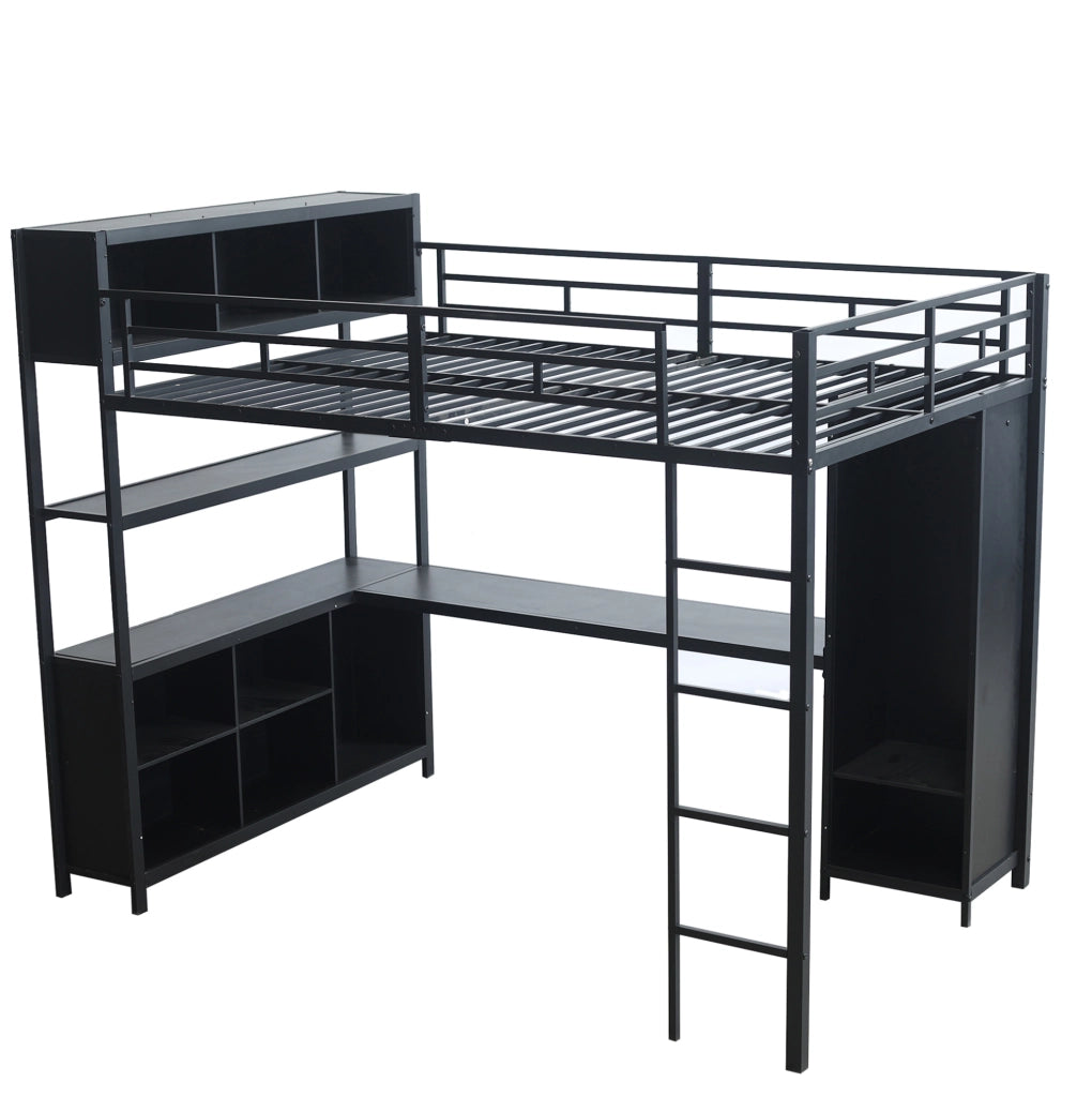 Letto a soppalco 140x200 cm con scrivania; armadio e vani contenitore in metallo e legno; nero