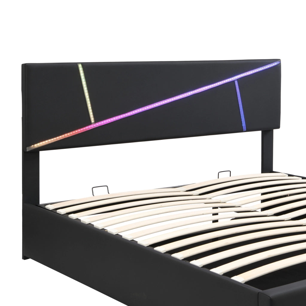 Letto imbottito LED con contenitore e rete a doghe, nero