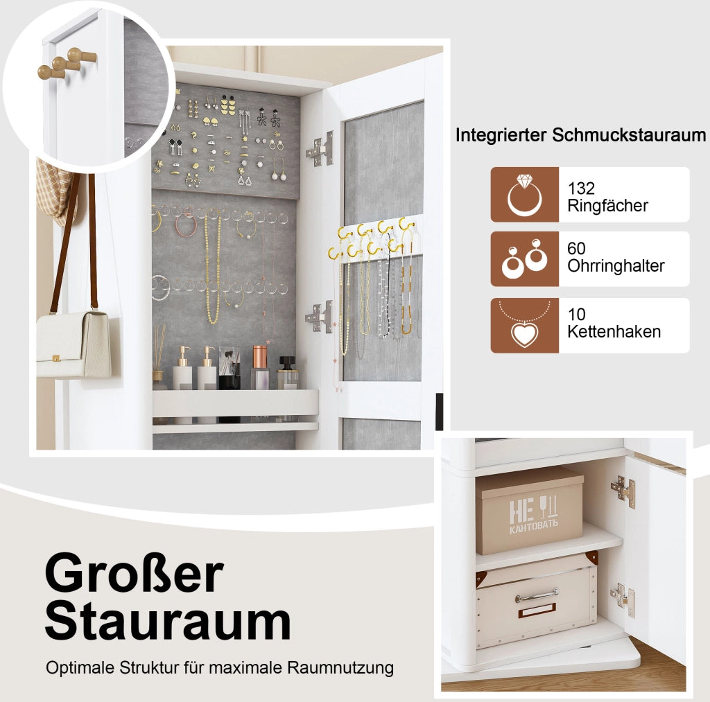 Armadio portagioie girevole 360° con specchio 170 cm; 4 ripiani e 6 ganci in MDF bianco