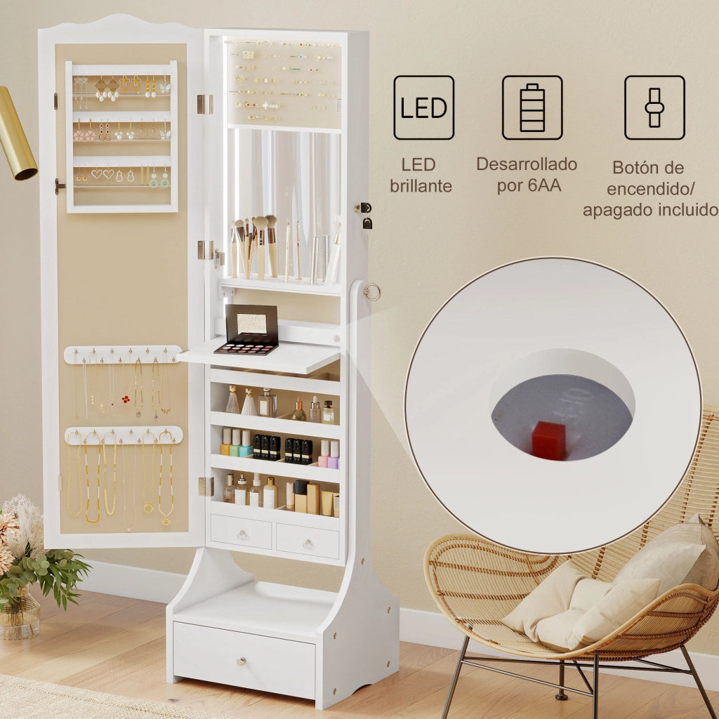 Specchiera portagioie LED con cassetti ¨C Xylo ¨C Bianco richiudibile angolo regolabile