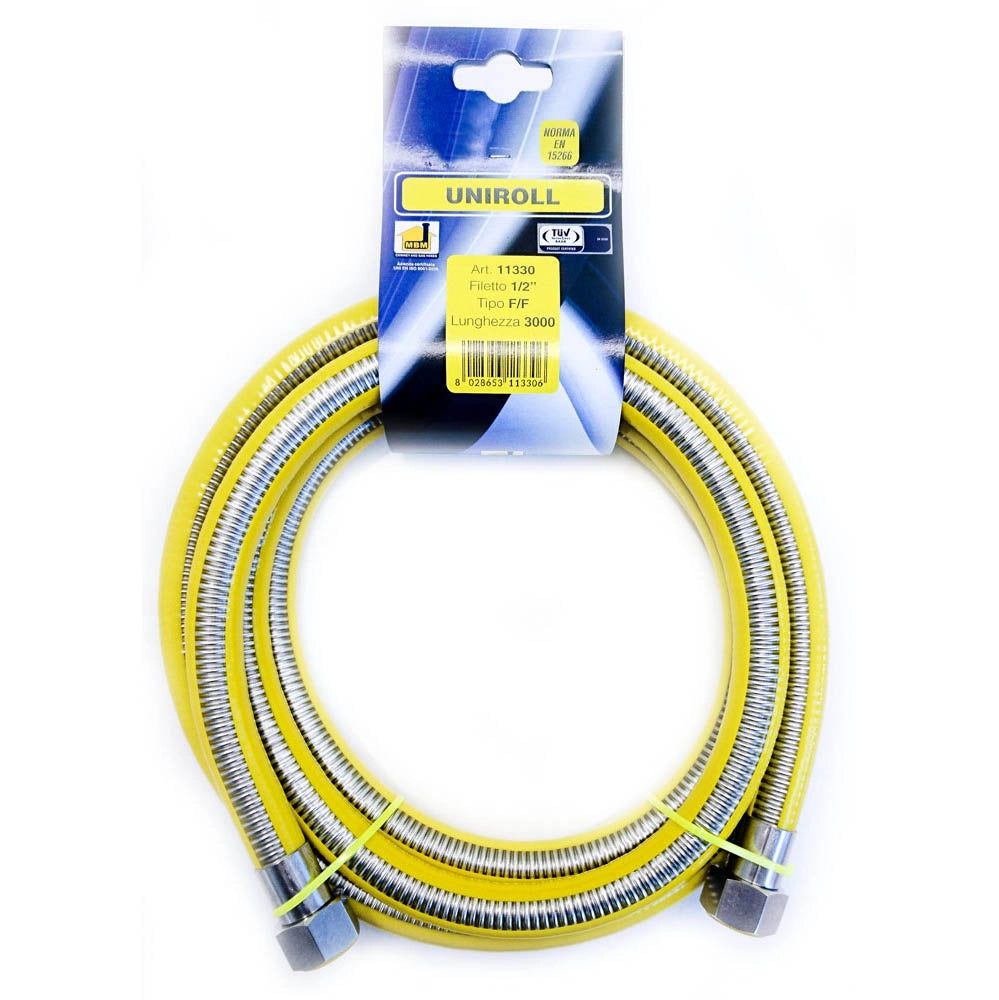 Tubo flessibile gas 3 mt metri 1/2" FF inox a norma EN 15266  per piano cottura/cucina  UNIROLL