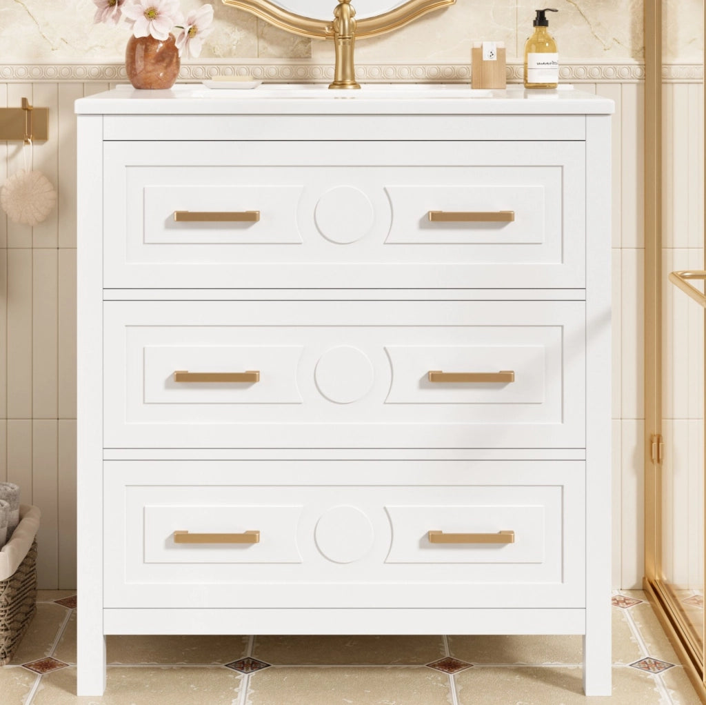 Mobile bagno bianco 76,5 x 47 x 82 cm con lavabo in ceramica integrato e 3 cassetti silenziosi