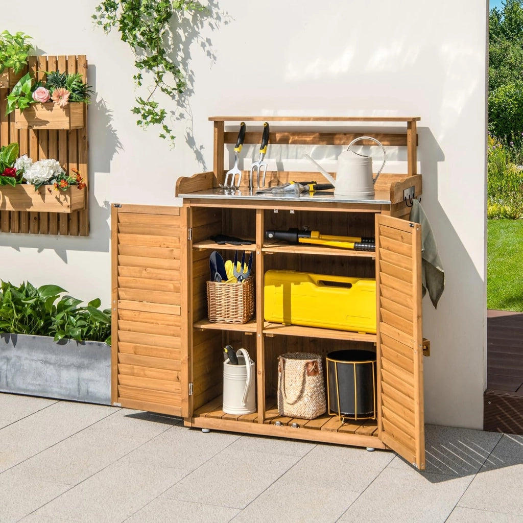 Armadio da Esterno in Legno, Casetta da Esterno con Ante, Ripiani e Serrature, Armadietto Versatile da Giardino, Balcone e Cortile (87 x 45 x 120 cm)