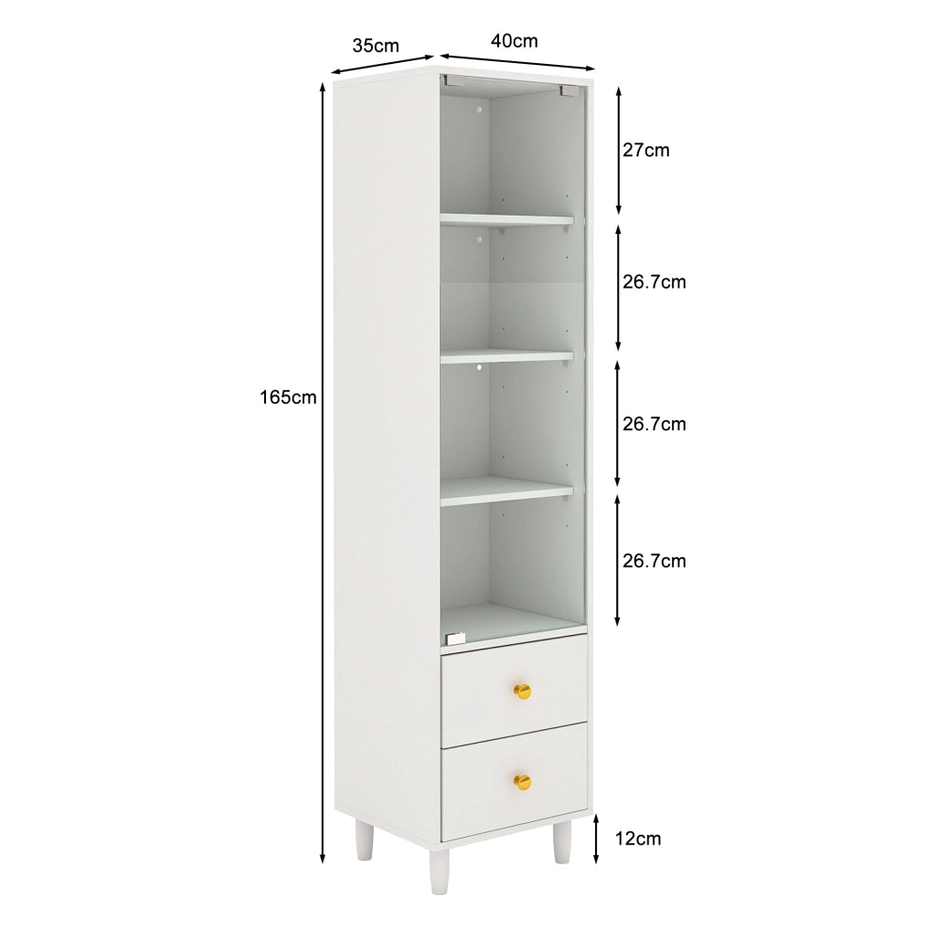 Vetrina alta con illuminazione LED; ante in vetro e 2 cassetti; 40x35x165 cm; bianca