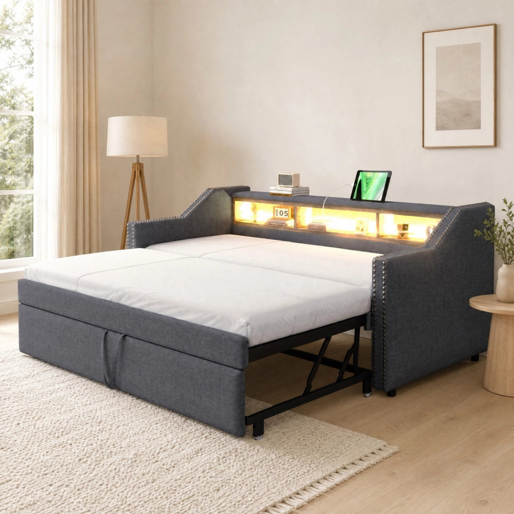 Letto imbottito estraibile con contenitore laterale e USB