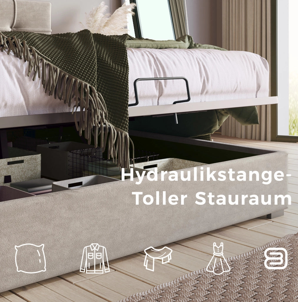 Letto singolo imbottito 90x200 cm con contenitore, grigio chiaro