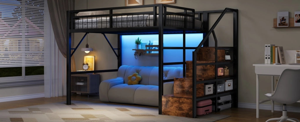 Letto a soppalco 140 x 200 cm nero con LED e gradini contenitore