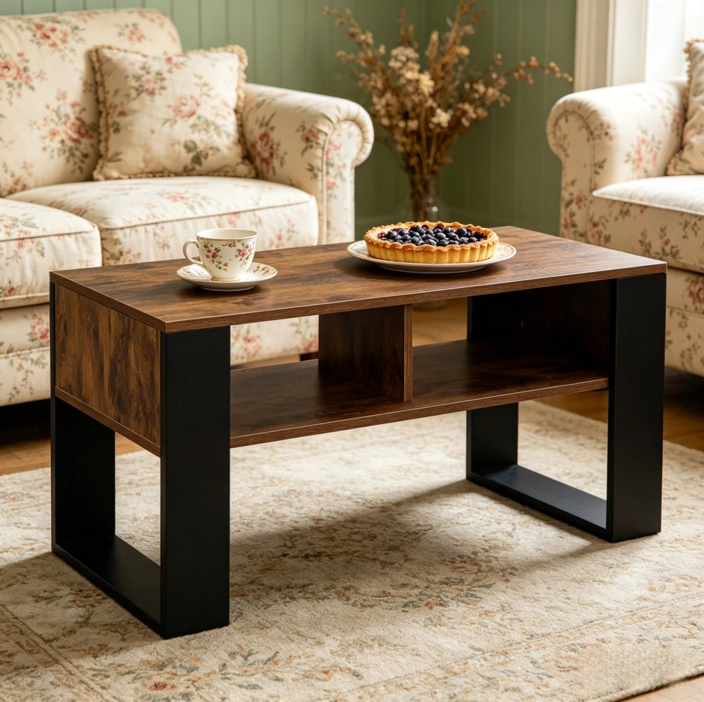 Tavolino da salotto 90x45 cm con 2 vani aperti nero e marrone rustico HOMVRA