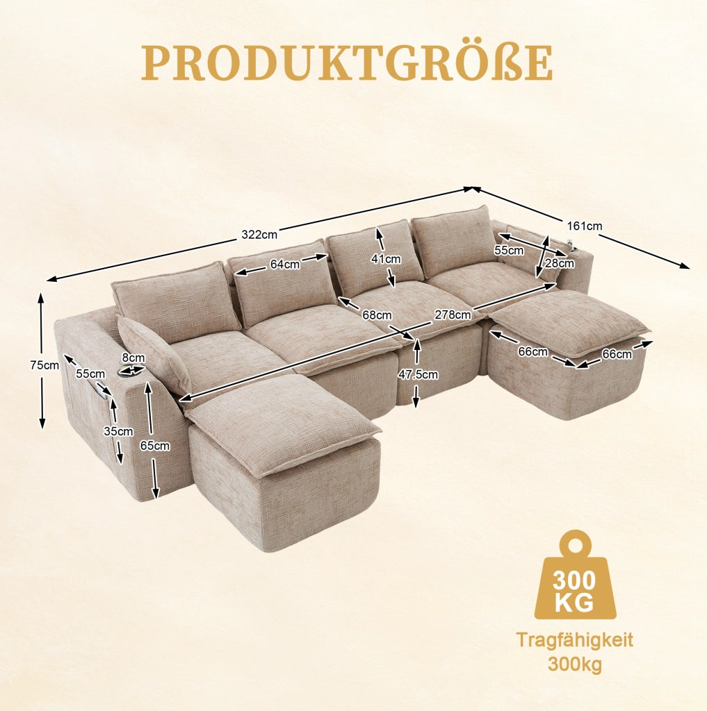 Divano modulare a 4 posti con 2 pouf, tessuto chenille kaki, cuscini, portabicchieri e tasche laterali