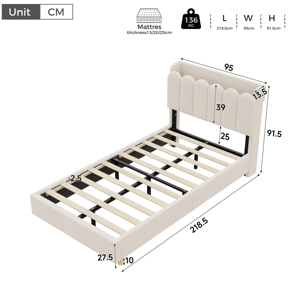 Letto singolo imbottito per bambini 90x200 cm in velluto beige con USB e luce